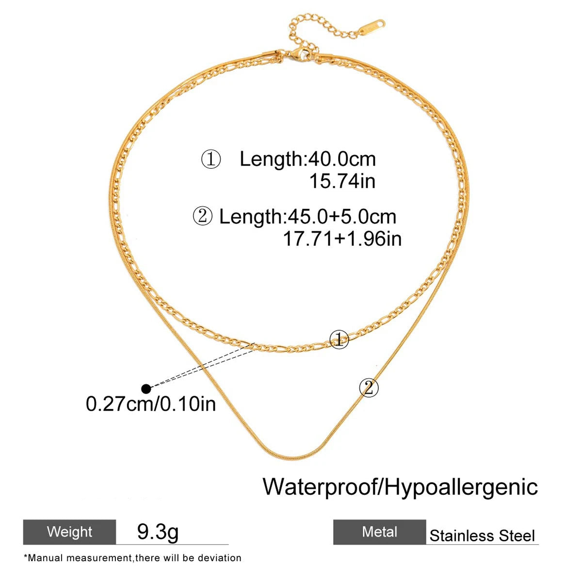 Gold necklace with measurement details on a white background