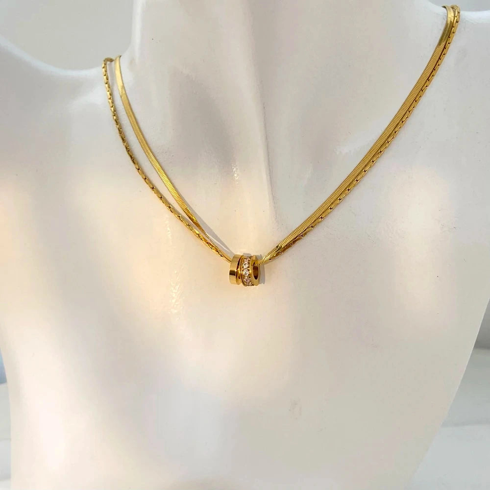 Demifine 18K Gold Plated Double Layer Snake Chain Pendant Necklace