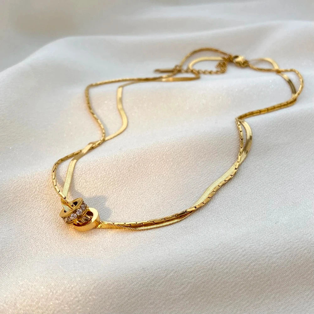 Demifine 18K Gold Plated Double Layer Snake Chain Pendant Necklace