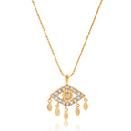 Gold necklace with an eye-shaped pendant on a white background