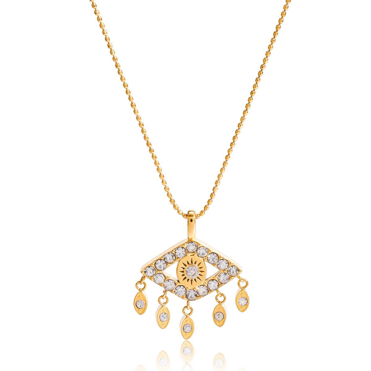 Gold necklace with an eye-shaped pendant on a white background