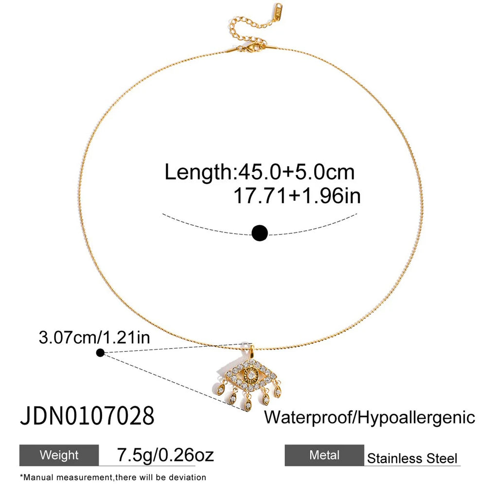 Gold necklace with pendant, measurements, and product details on a white background