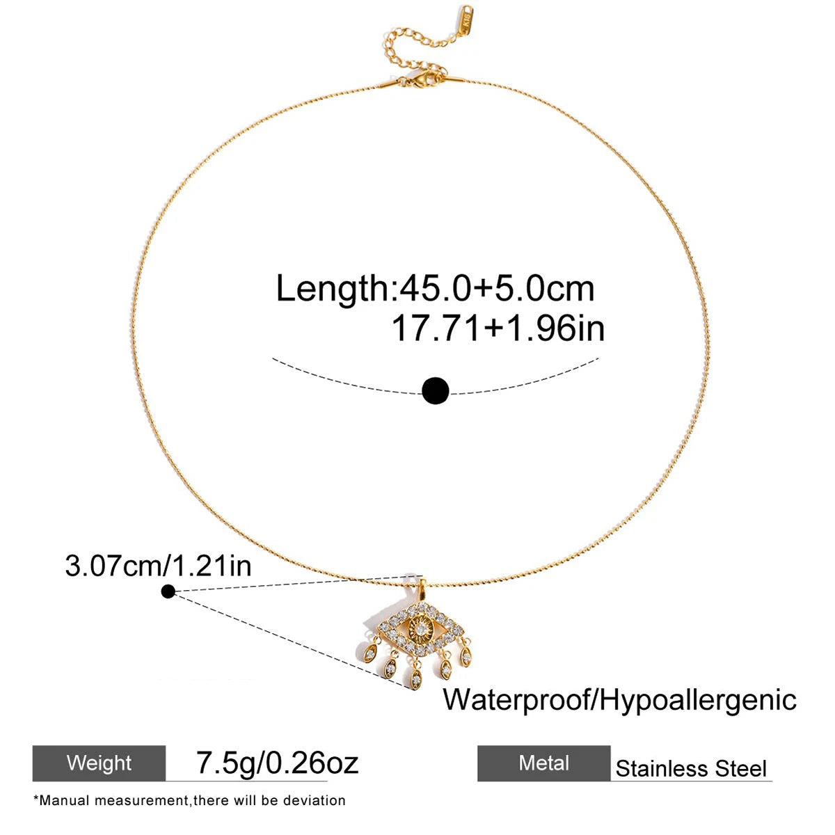 Gold necklace with pendant, measurements, and product details on a white background