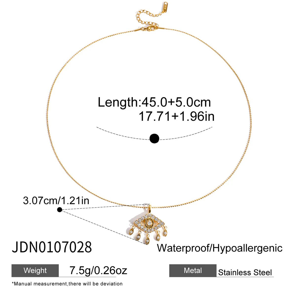 Gold necklace with pendant, measurements, and product details on a white background