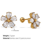 Gold flower-shaped earrings with clear stones on a white background