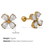 Gold butterfly-shaped earrings with clear stones on a white background