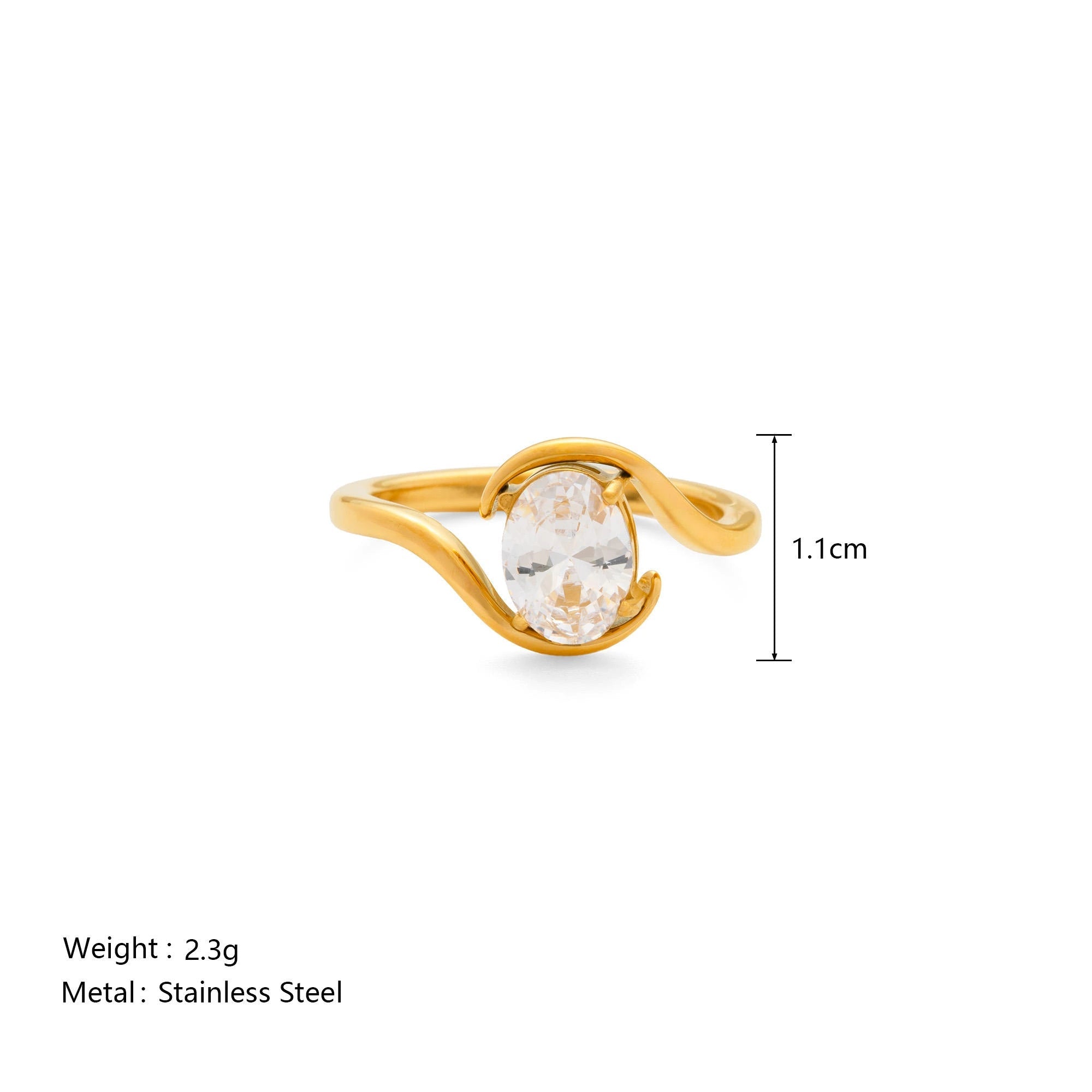 Gold ring with a clear stone on a white background, showing measurements and product details.