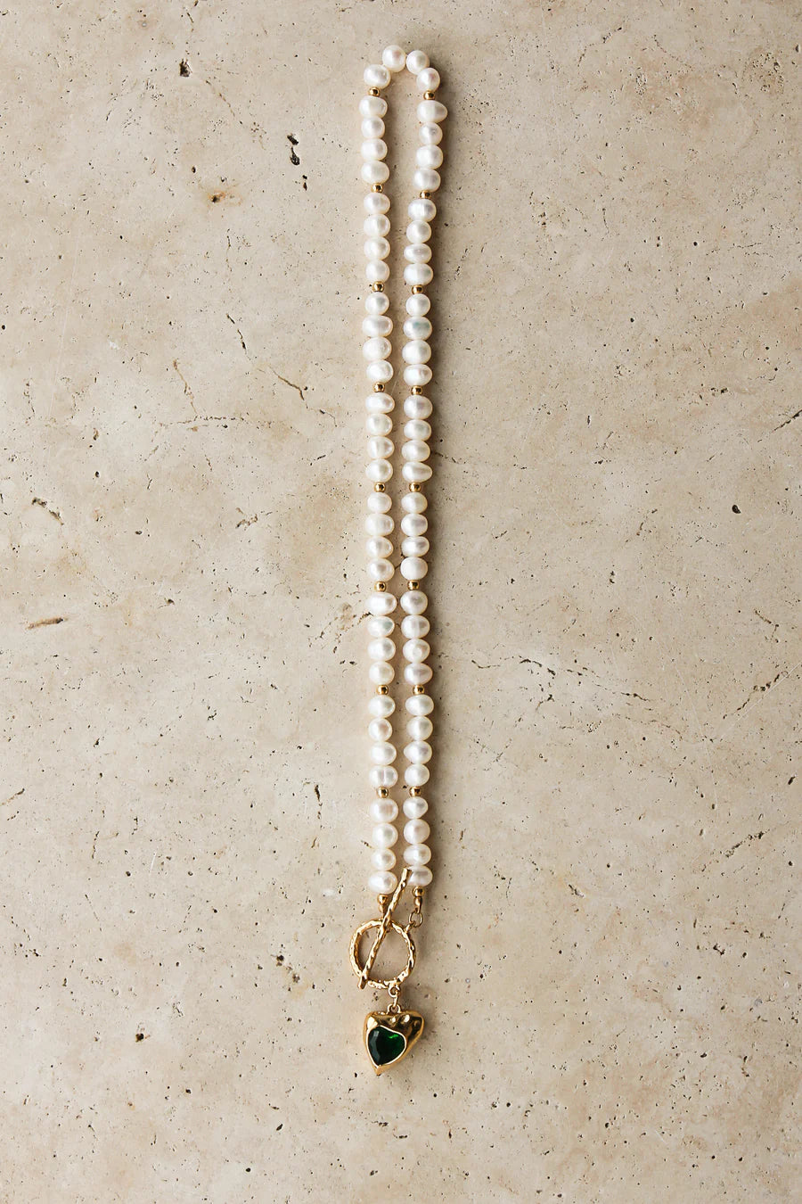 Demifine 18K Gold Plated Heart Pearl Necklace with Green Stone