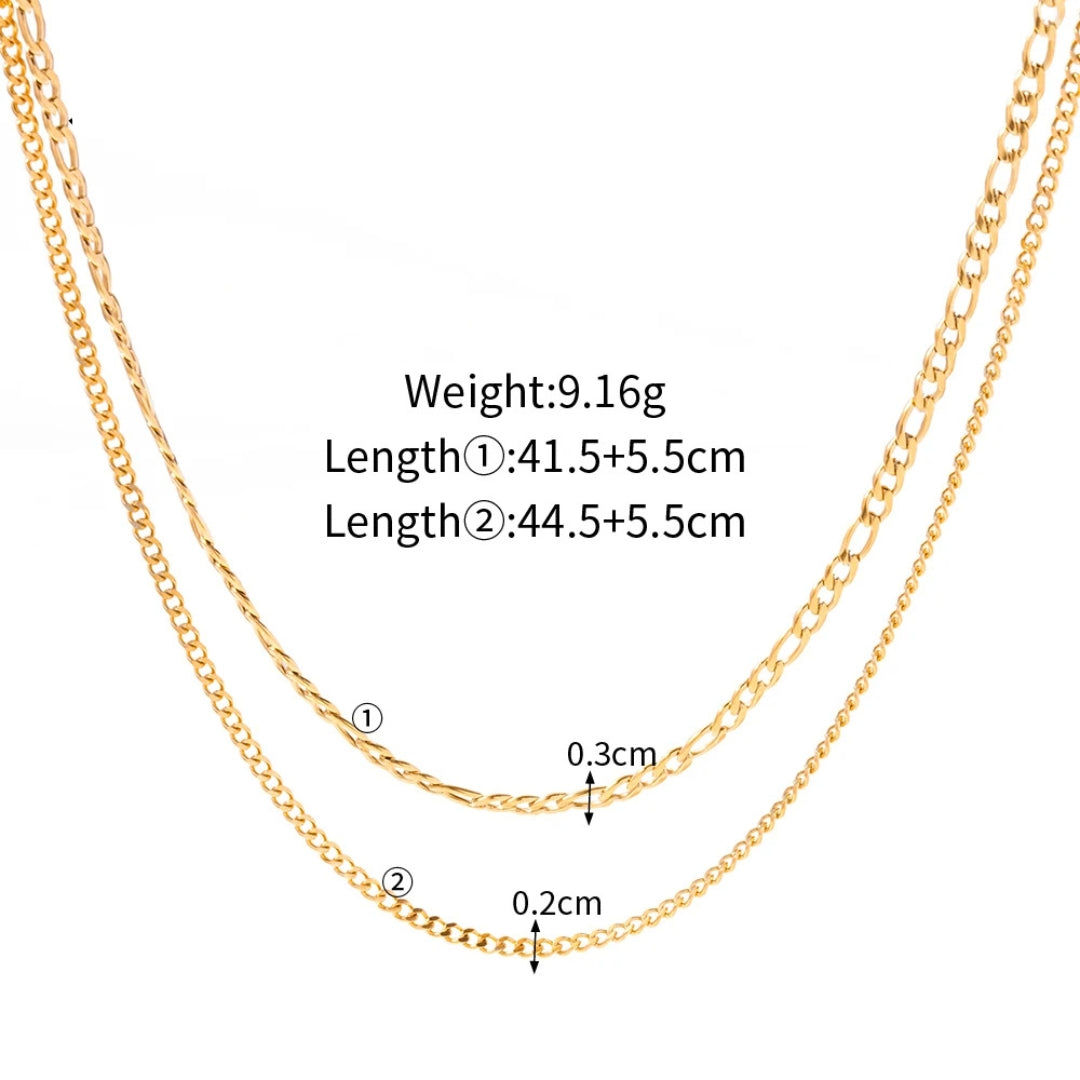 Gold chain necklace with measurements on a white background