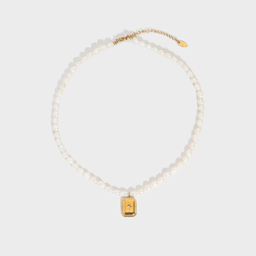 Demifine 18K Gold Plated Pearl Necklace with Square Zircon Pendant