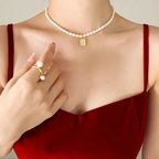 Demifine 18K Gold Plated Pearl Necklace with Square Zircon Pendant
