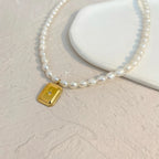 Demifine 18K Gold Plated Pearl Necklace with Square Zircon Pendant