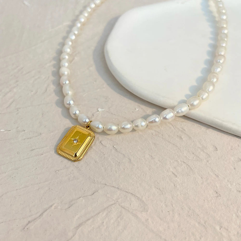 Demifine 18K Gold Plated Pearl Necklace with Square Zircon Pendant
