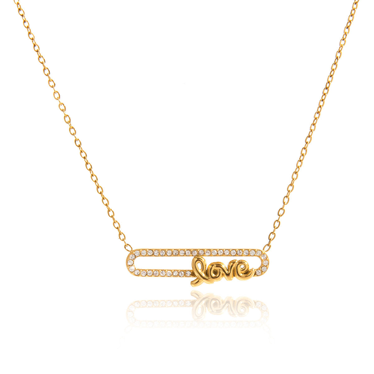 Gold necklace with 'love' pendant on a white background