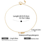 Gold necklace with measurements and product details on a white background