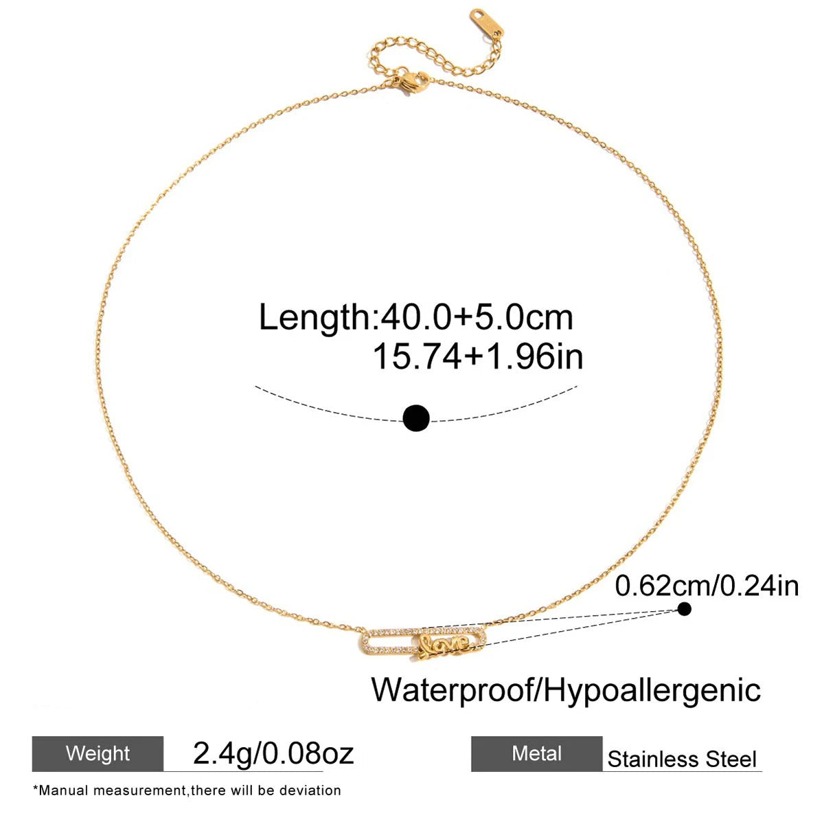 Gold necklace with measurements and product details on a white background