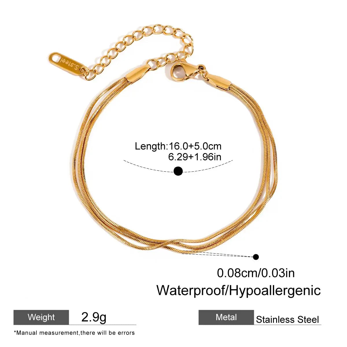 Gold bracelet with measurements and product details on a white background