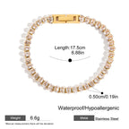Bracelet with gold clasp and clear stones, showing measurements and product details on a white background.