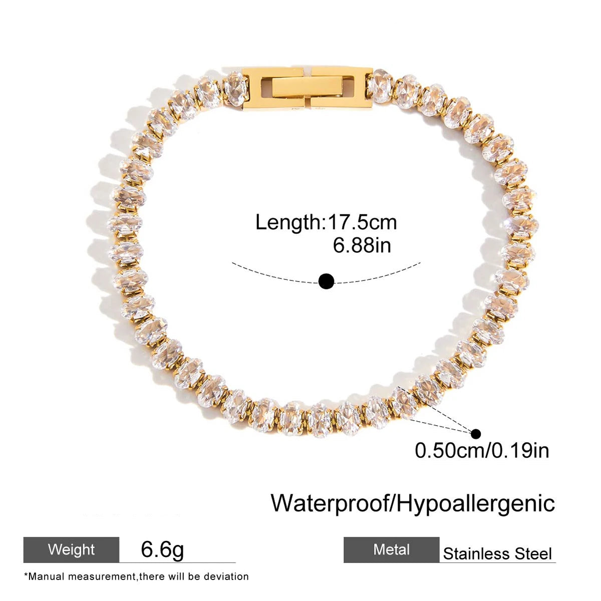 Bracelet with gold clasp and clear stones, showing measurements and product details on a white background.