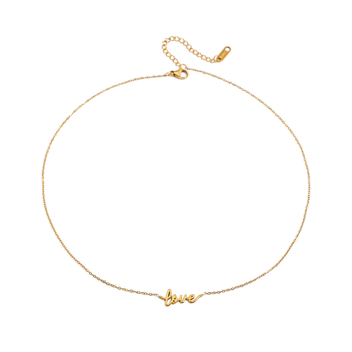 Gold necklace with 'love' pendant on a white background