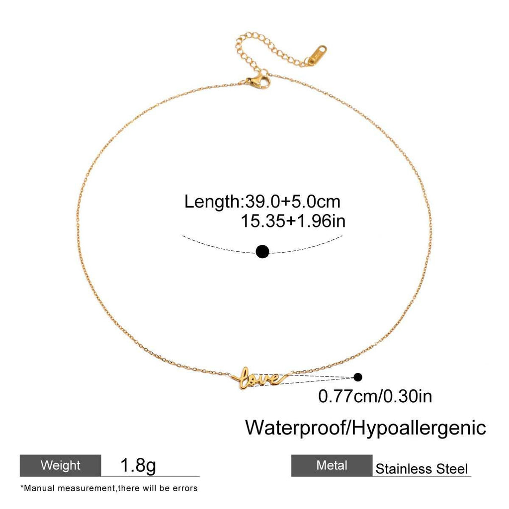 Gold necklace with 'love' pendant on a white background, showing measurements and material details.