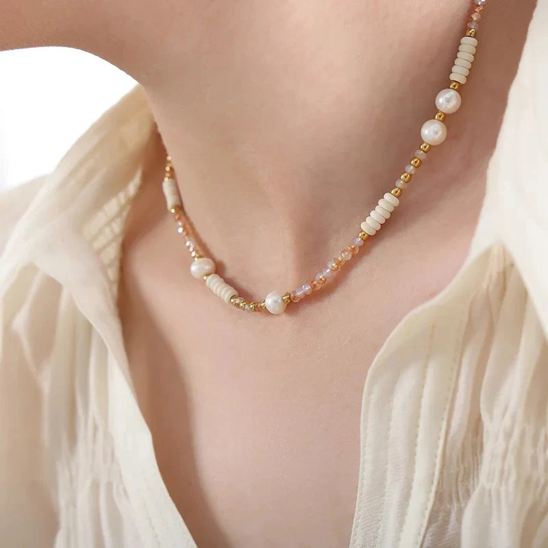 Demifine Freshwater Pearl & Glass Bead Necklace – 18K Gold Plated