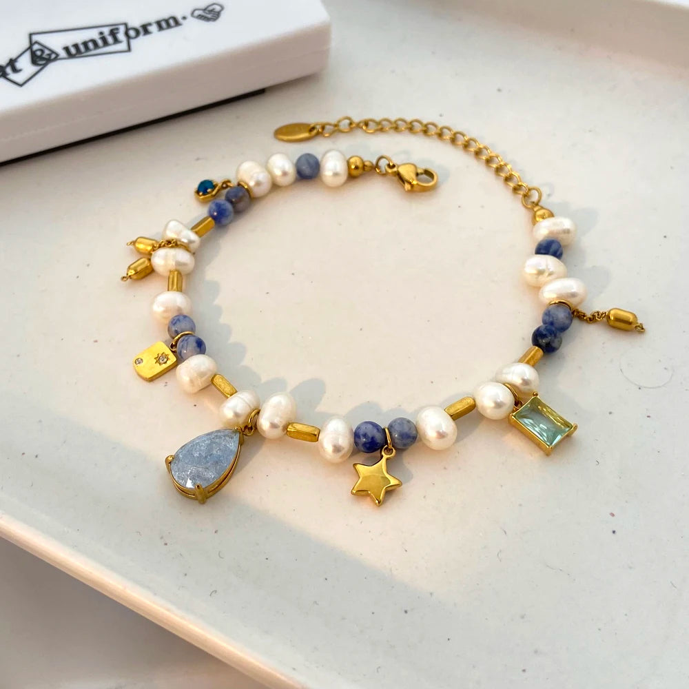 Demifine Freshwater Pearl & Natural Stone Bracelet – 18K Gold Plated