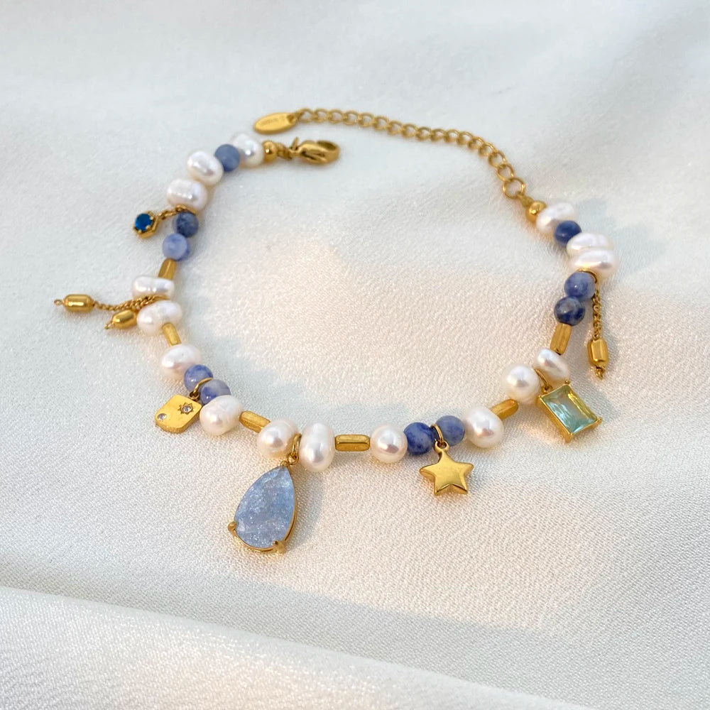 Demifine Freshwater Pearl & Natural Stone Bracelet – 18K Gold Plated