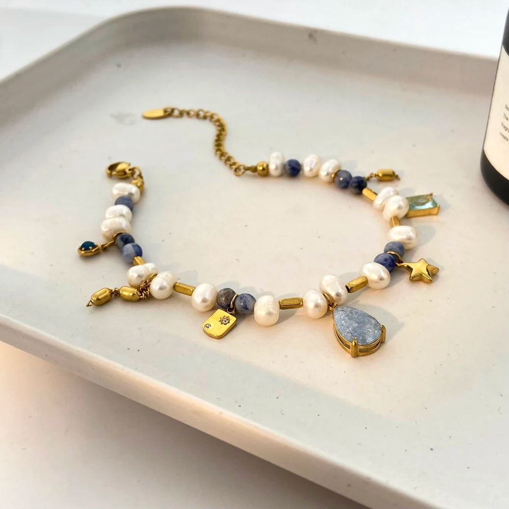 Demifine Freshwater Pearl & Natural Stone Bracelet – 18K Gold Plated