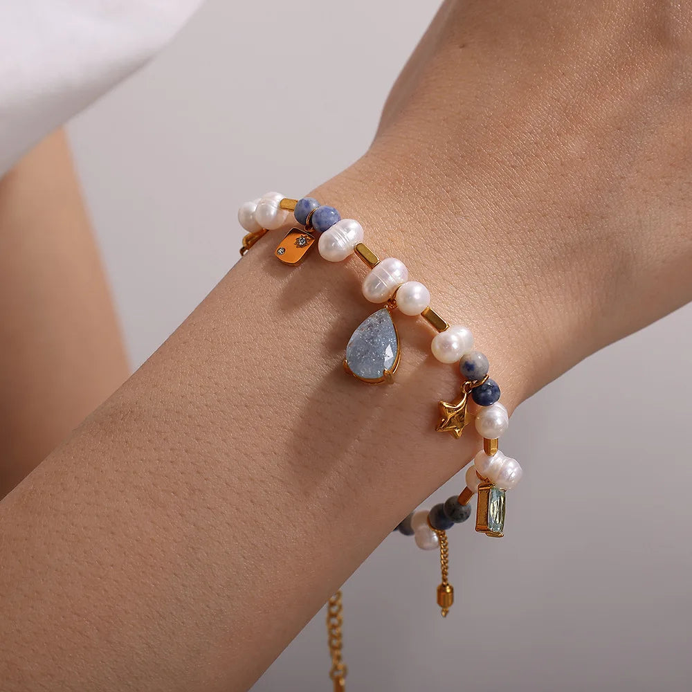 Demifine Freshwater Pearl & Natural Stone Bracelet – 18K Gold Plated