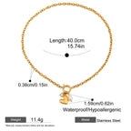 Gold bracelet with measurements and product details on a white background