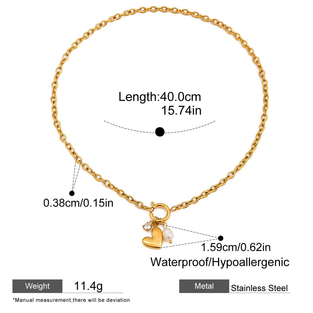 Gold bracelet with measurements and product details on a white background