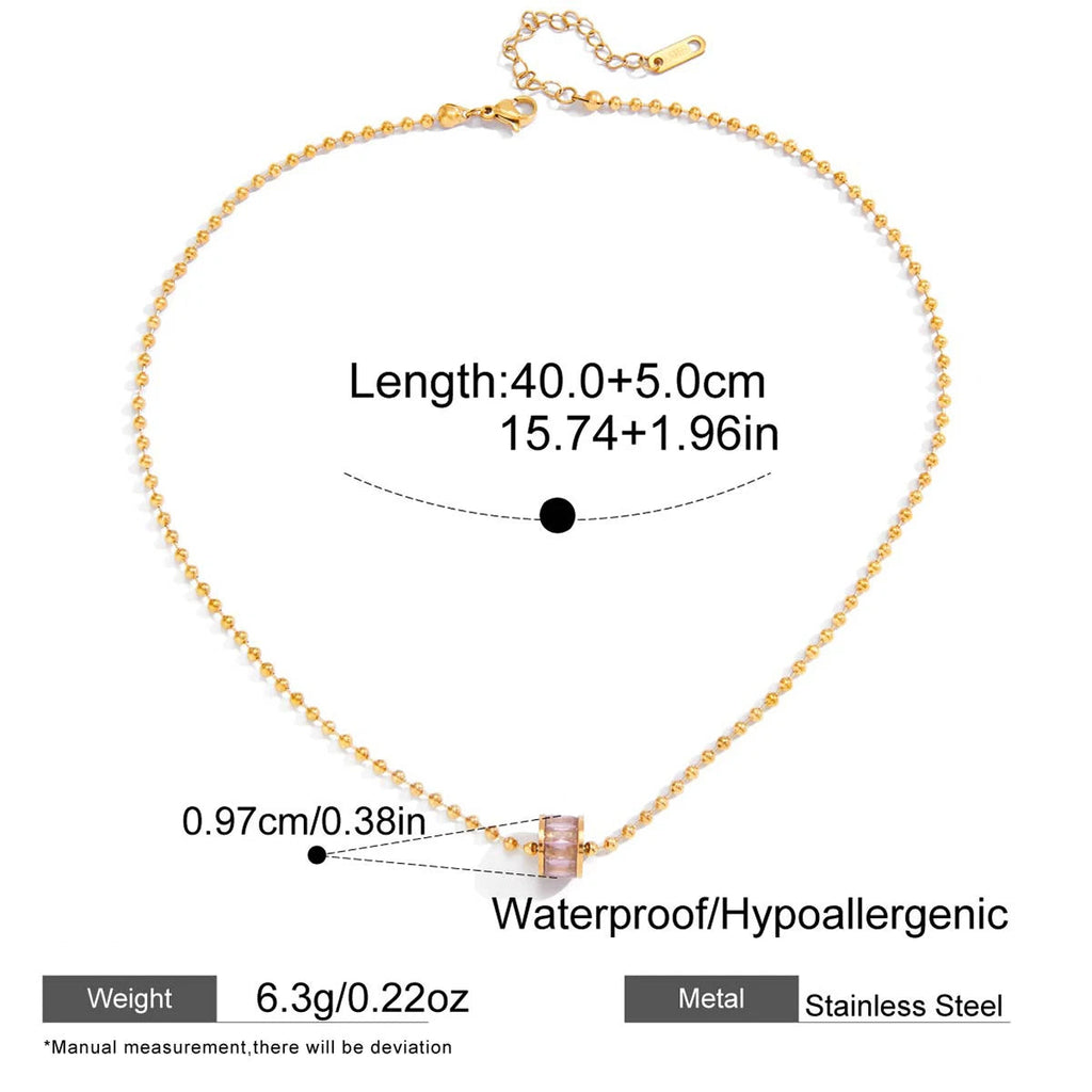Gold necklace with measurements and features on a white background