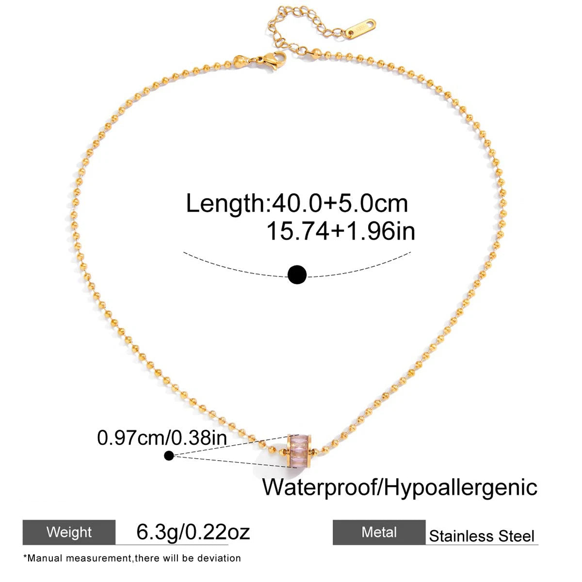 Gold necklace with measurements and features on a white background