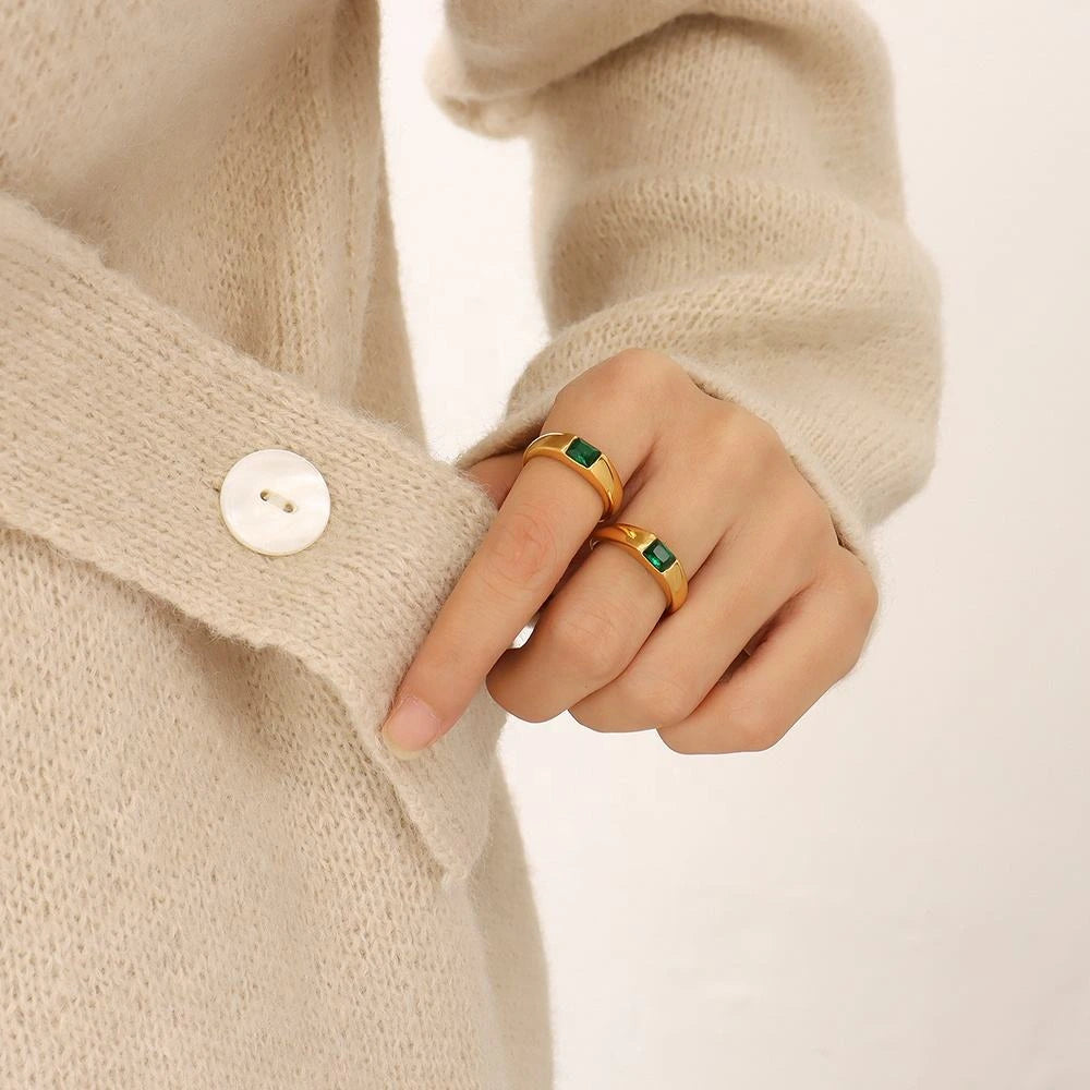 Emerald-Cut Green Stone Ring – 18K Gold Plated Titanium Steel