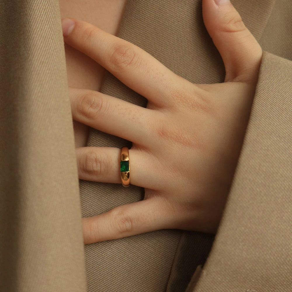 Emerald-Cut Green Stone Ring – 18K Gold Plated Titanium Steel
