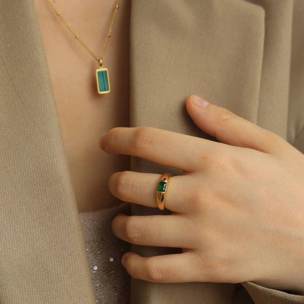Emerald-Cut Green Stone Ring – 18K Gold Plated Titanium Steel