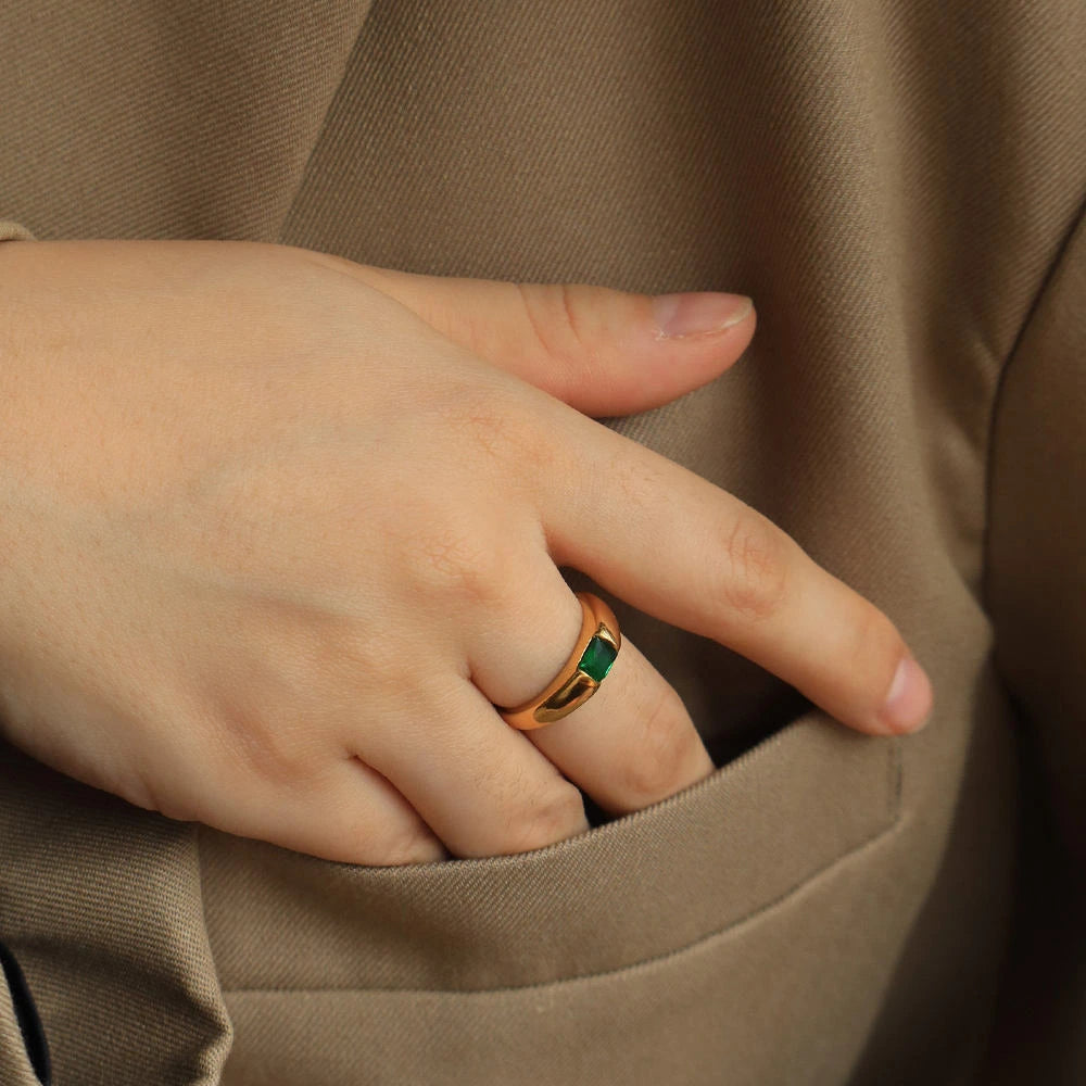 Emerald-Cut Green Stone Ring – 18K Gold Plated Titanium Steel