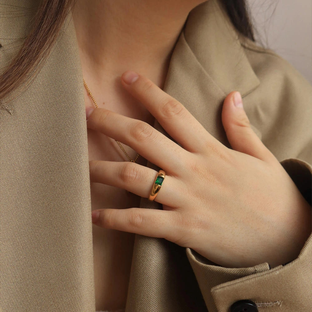 Emerald-Cut Green Stone Ring – 18K Gold Plated Titanium Steel