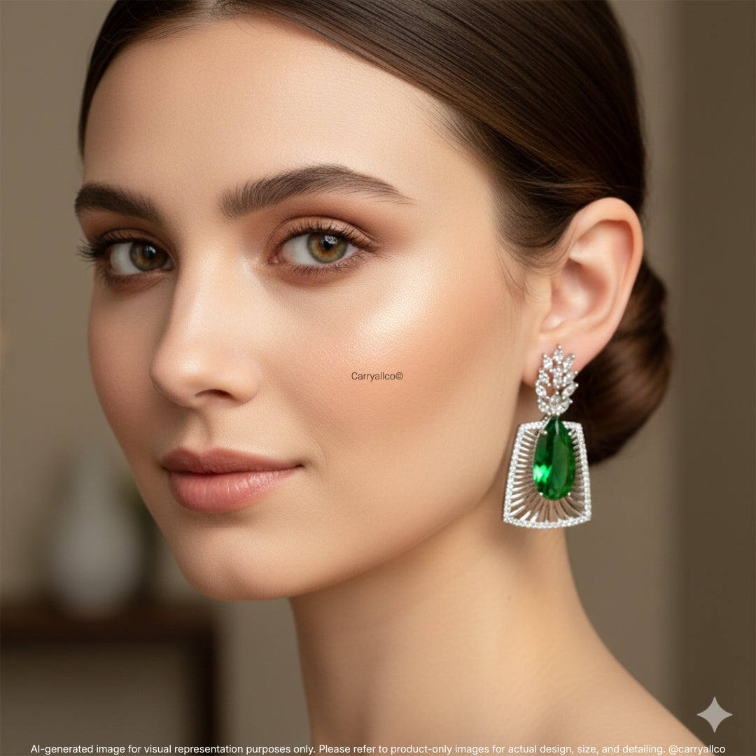 Emerald Green Fan Frame American Diamond Statement Earrings