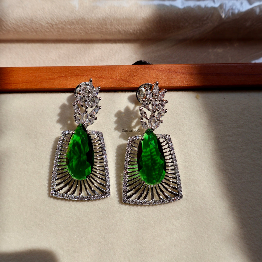 Emerald Green Fan Frame American Diamond Statement Earrings | CARRYALLCO