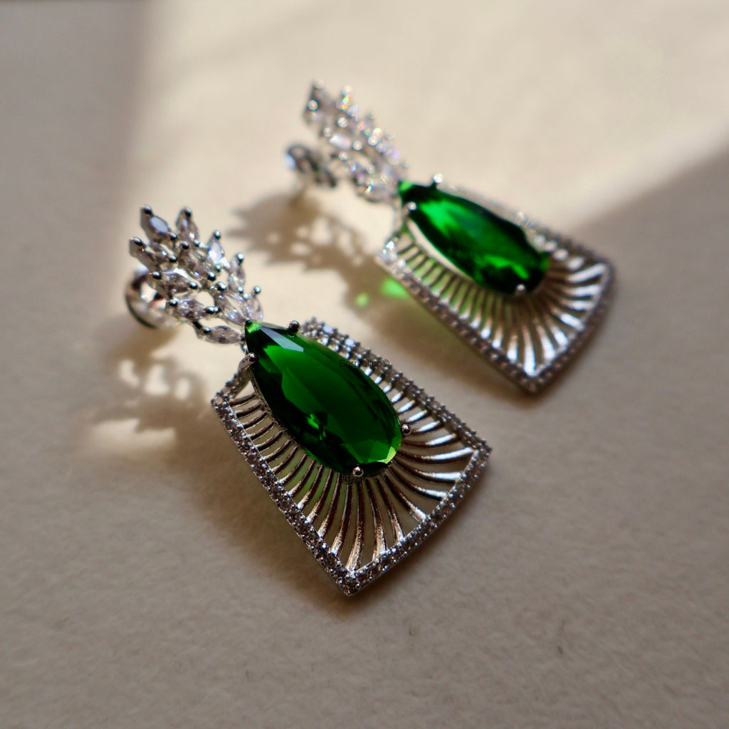 Emerald Green Fan Frame American Diamond Statement Earrings