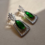 Emerald Green Fan Frame American Diamond Statement Earrings