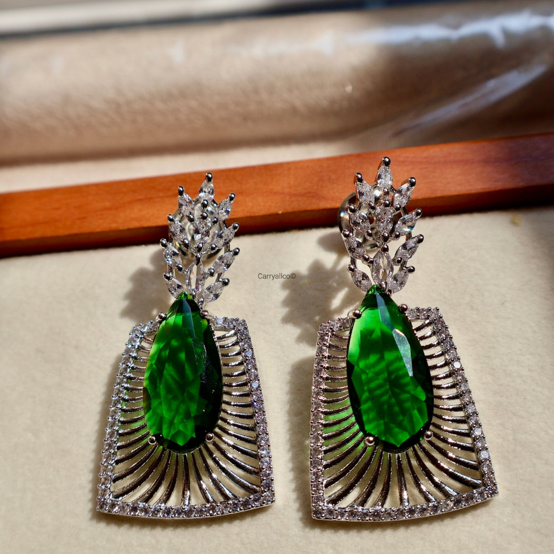 Emerald Green Fan Frame American Diamond Statement Earrings | CARRYALLCO