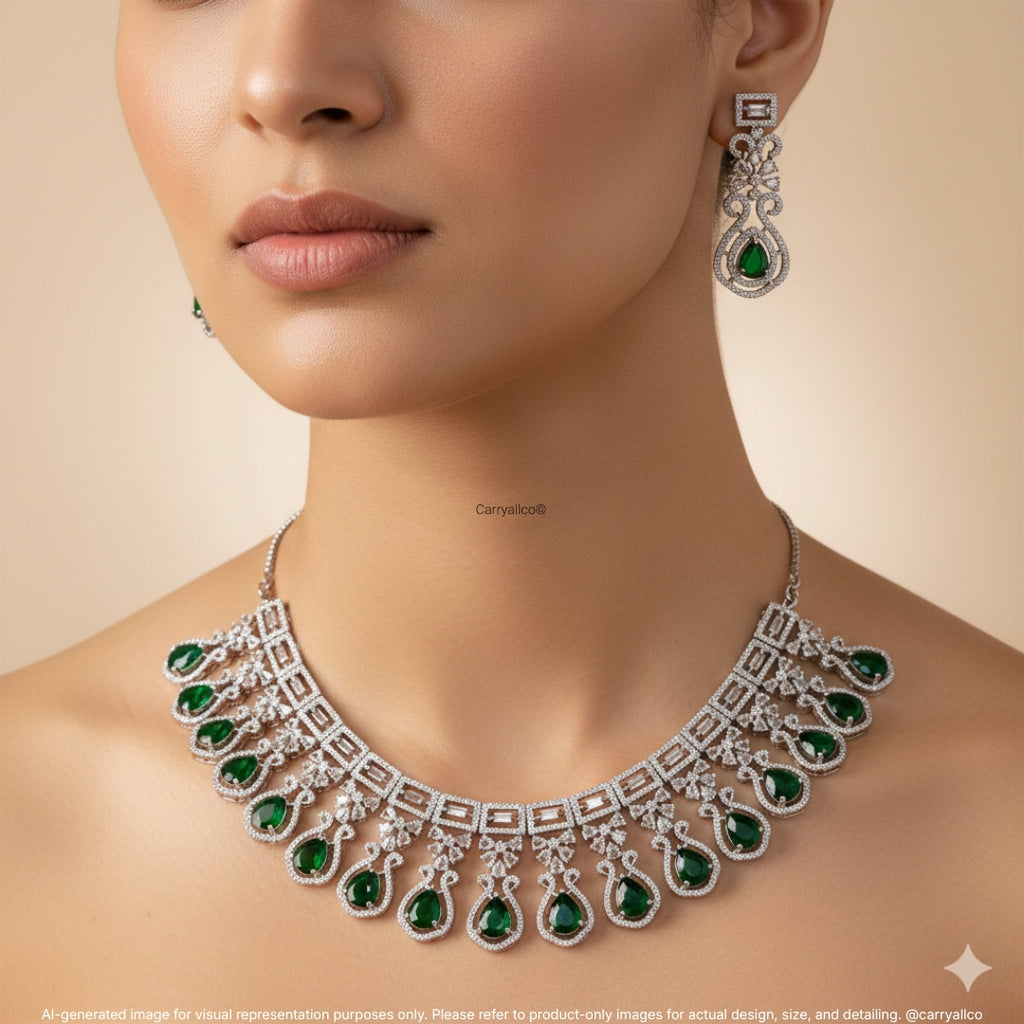 Emerald Green Teardrop American Diamond Bridal Necklace Set