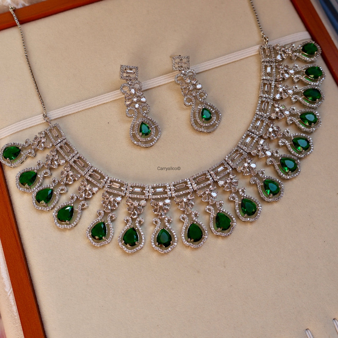 Emerald Green Teardrop American Diamond Bridal Necklace Set