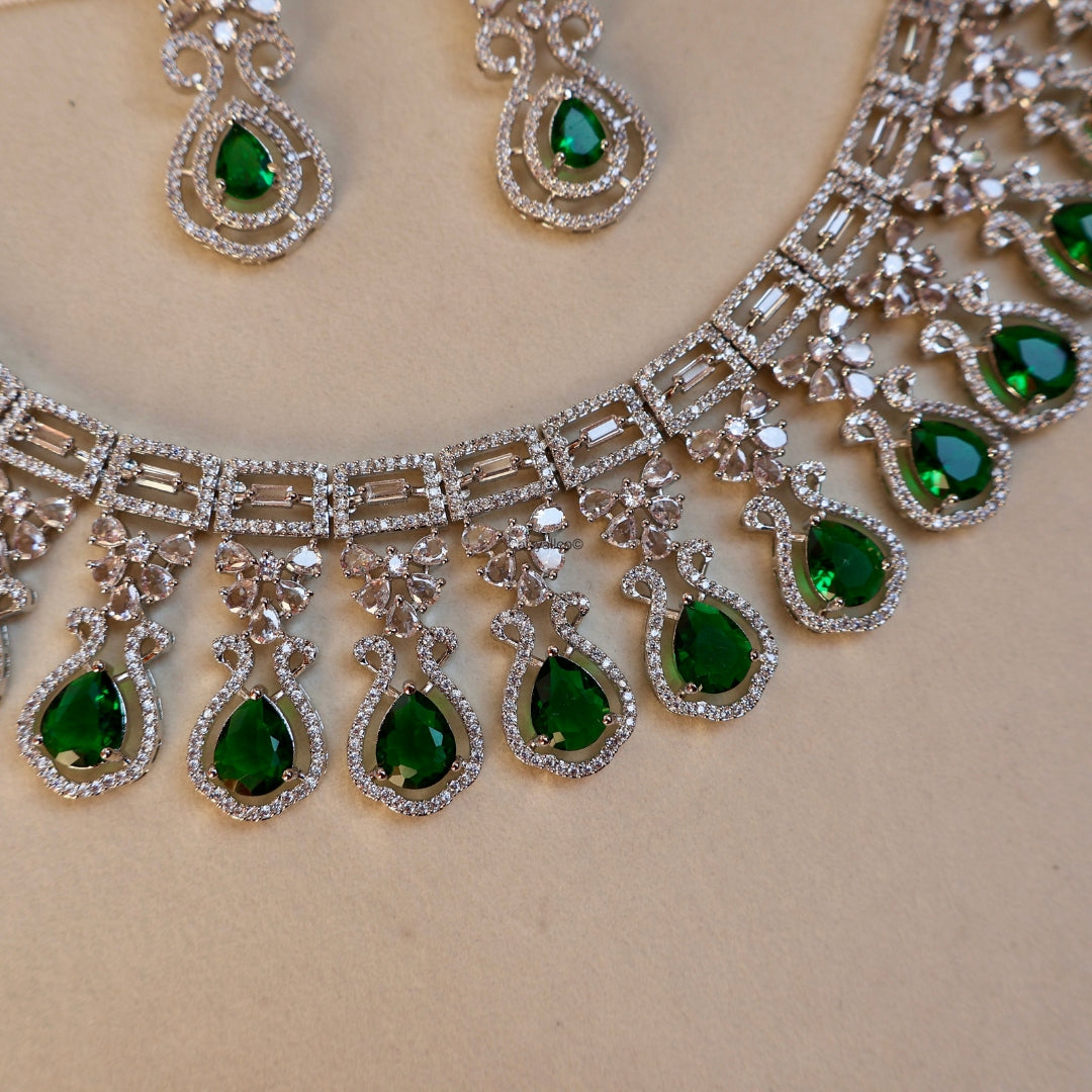 Emerald Green Teardrop American Diamond Bridal Necklace Set | CARRYALLCO