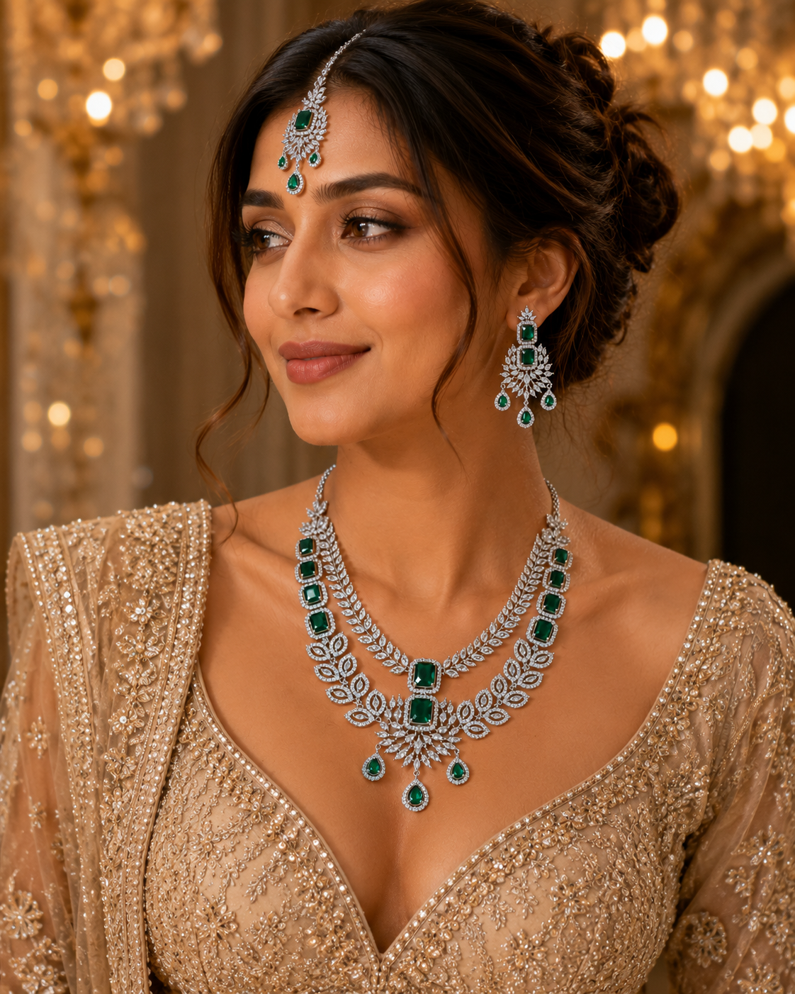 Emerald Leaf Bridal American Diamond Necklace Set – American Diamond | Carryallco India