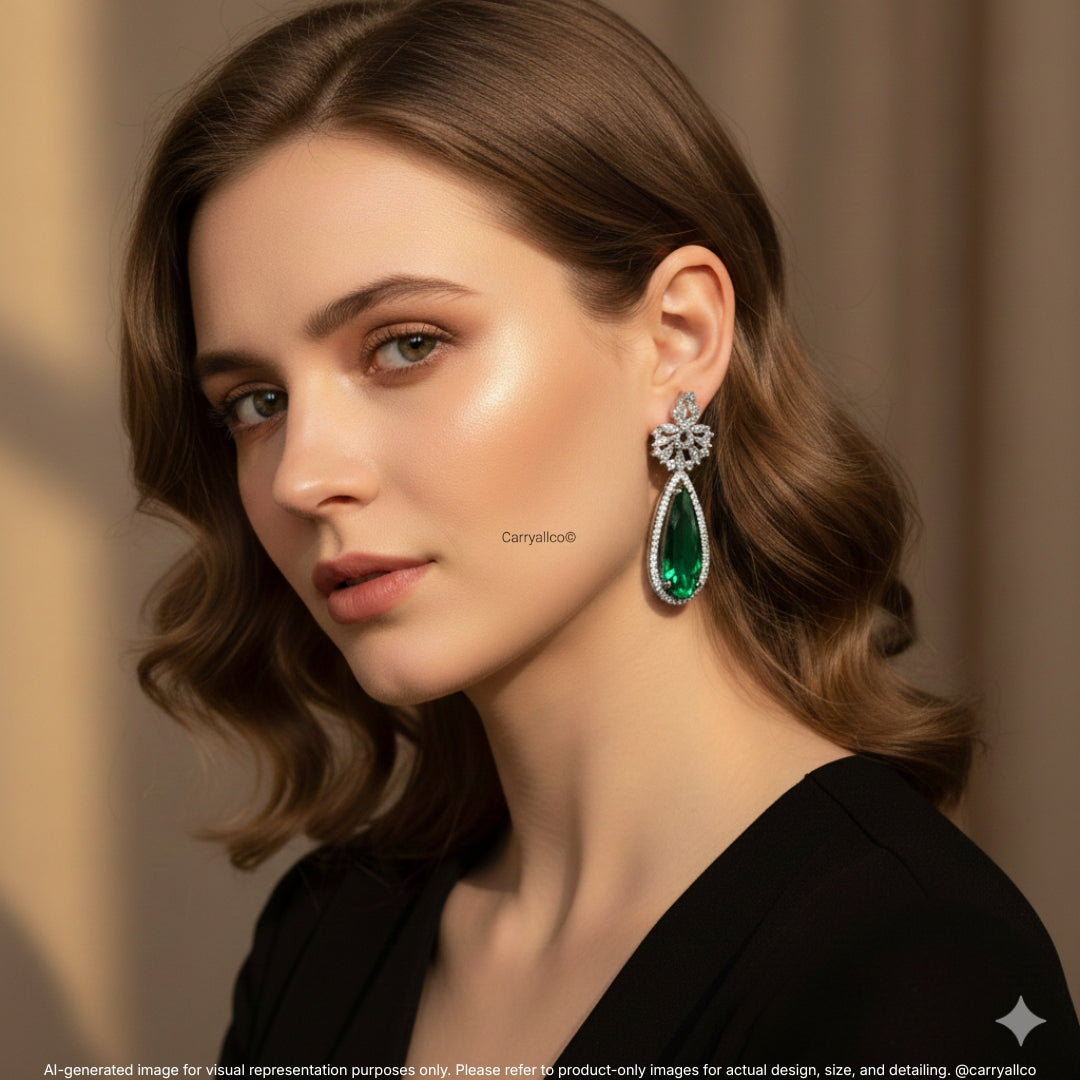 Emerald Teardrop Halo American Diamond Drop Earrings