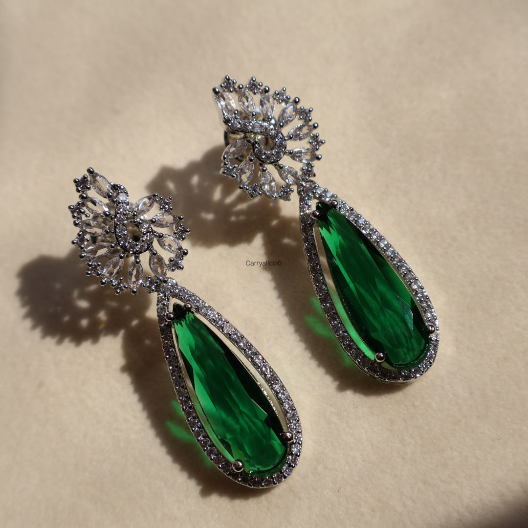 Emerald Teardrop Halo American Diamond Drop Earrings